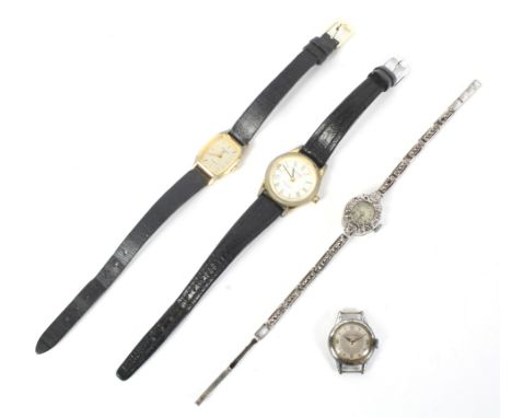 Four ladies' wristwatches. Including a Movado, an Orient FX and a sterling silver and marcasite set cocktail watch, three wit