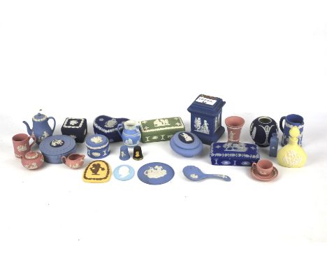 Large quantity of Wedgwood jasperware and other jasperware. Including trinket boxes, miniature vessels, vases, etc Condition 