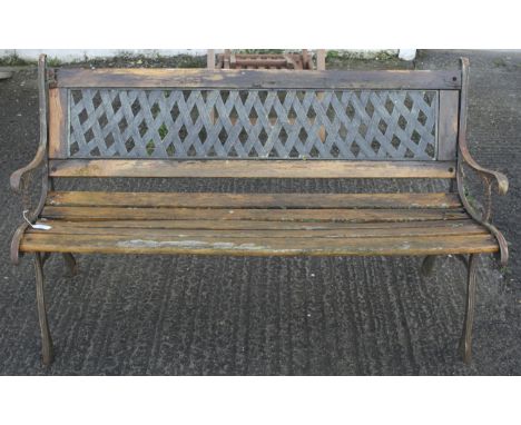 A wooden garden bench. With metal effect wood back and metal end supports. L123cm x D50cm x H74cm