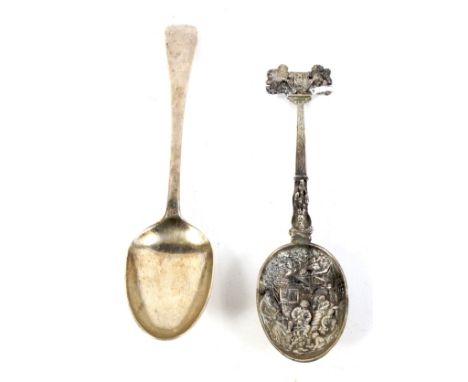 Two silver spoons. George Maudsley Jackson, London, 1896, 75.6g and a Dutch export tea caddy spoon decorated with a scene of 