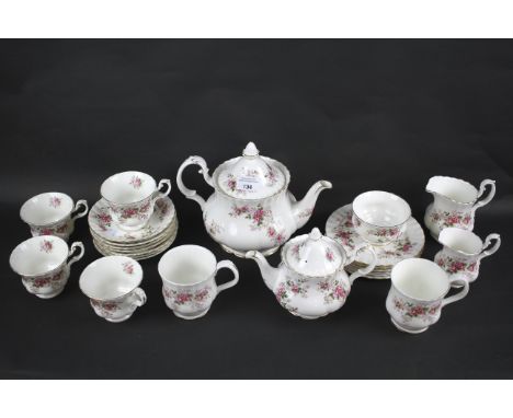 A Royal Albert Lavender Rose part tea set. To include a tea pot, tea cups, milk jug, sugar bowl, etc