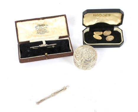 A collection of silver and white metal items. Including crown cufflinks, brooch, toothpick, snuff box, etc