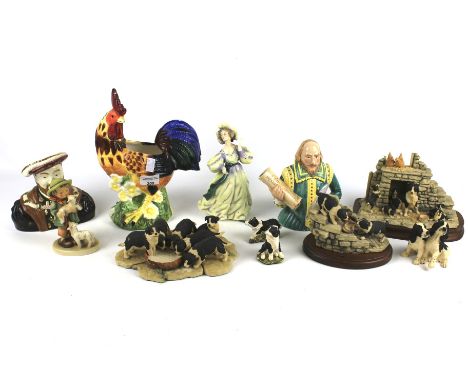An assortment of ceramic figures. To include Royal Doulton 'Grand Manner', Hummel Goebel figure of a boy with lambs, and othe