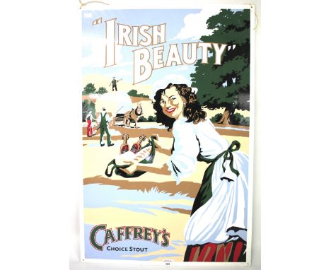 A contemporary enamel advertising sign. Caffrey's 'Irish Beauty', depicting a woman holding food and drinks with workers and 