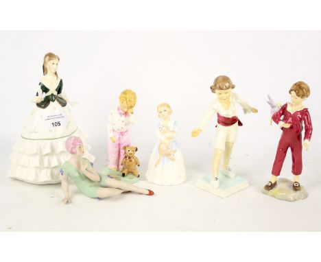 A collection of six ceramics figures. To include three by Royal Worcester 'the Parakeet', 'Debutante' and 'Masquerade', large