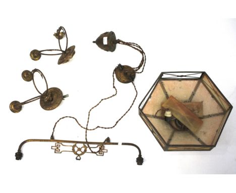 An assortment of vintage lighting. To include a glazed ceiling light shade of hexagonal form, pair of twin wall sconce lights