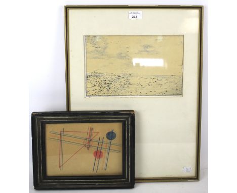 Two 20th century semi abstract pictures. The first a limited edition lino print of an abstract landscape, signed, dated and t