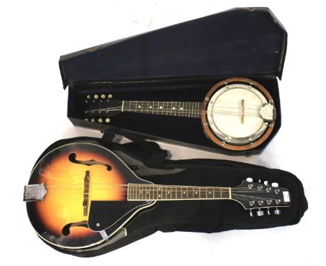 A mid-century Banjoline and a contemporary Stagg Mandolin. Both in original cases, largest 69cm long