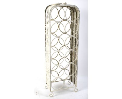 A contemporary white painted metal wine rack. With space for twelve bottles of wine, with swing handle to top, H73cm