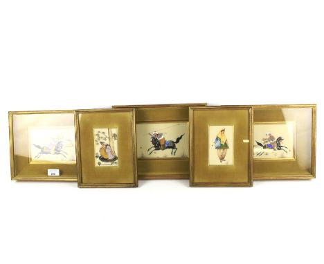 Five framed 20th century Persian miniatures. Comprising: three equestrian huntsmen, a figure of a woman and a man with an axe