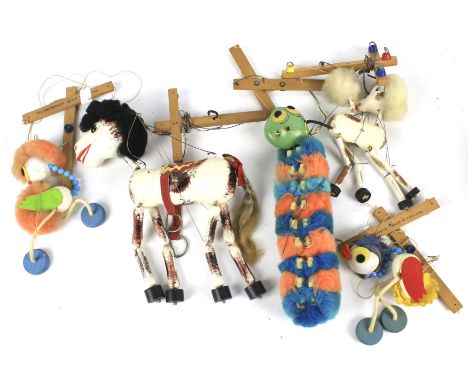 Five Pelham Puppet animals. Comprising a caterpillar, horse, ostriches and a pony