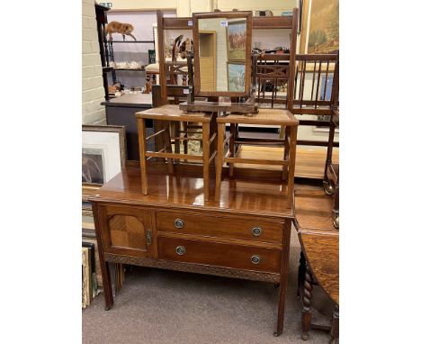 Edwardian mahogany two drawer dressing table, pair line inlaid bedroom chairs, toilet mirror and oak framed wall mirror (5).