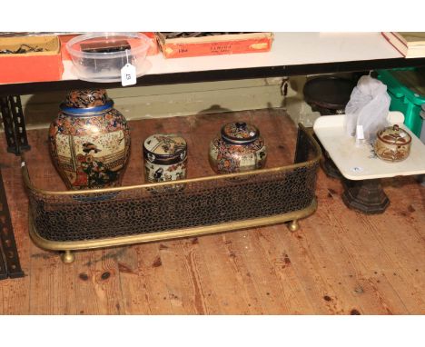 Brass fender, David Leach preserve jar, three Japanese jars, scales with weights.
