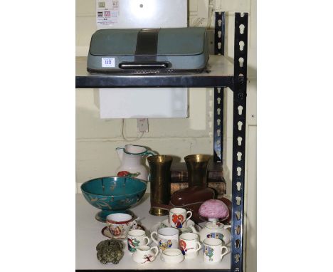 Crown Ducal nursery china, Wedgwood lustre bowl, vintage Ilford Sportsman camera, portable typewriter, pair of brass vases, t
