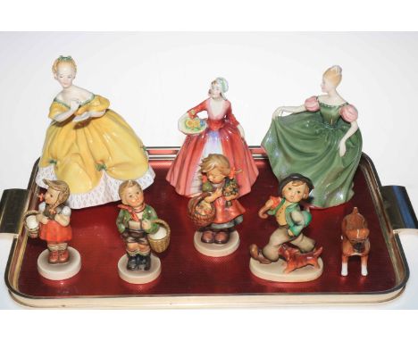 Three Royal Doulton ladies, Beswick bulldog and four Hummel figures (8).