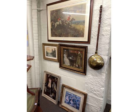 Large framed hunting print, Durham Cathedral watercolour, three various pictures and antique brass warming pan (6).