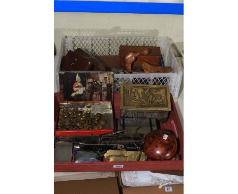 Two boxes of collectables including AA badge, Jacobs biscuit tin, military buttons, spring balance scales, vintage camera, et