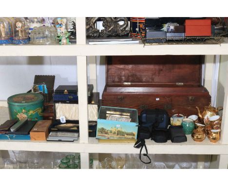 Vintage tins, cameras, part Staunton chess set, pens, cutlery, postcards, etc.