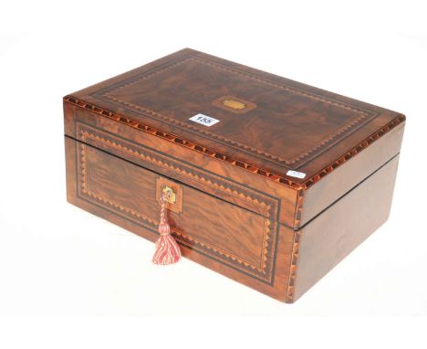 Victorian inlaid walnut trinket box with key, 35cm.