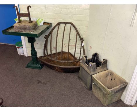 Vintage cast iron hay rack, cast iron feed trough, boot scraper, pedestal bird table, two chimney pots and chain (7).