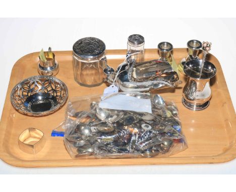 Tray lot with silver and EP including silver napkin ring, tiny jug, toilet bottles and dwarf candlesticks, also collection of