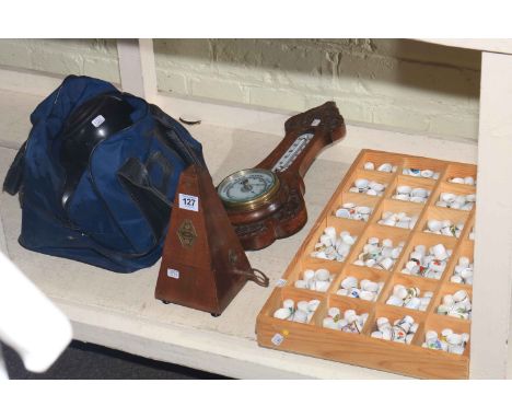 Collection of thimbles, metronome, aneroid barometer and set of wood bowls with bag.
