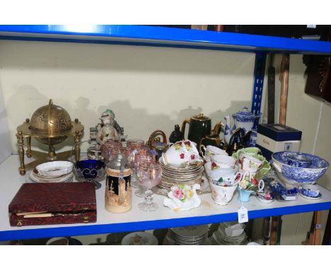 Brass globe on stand, Spode, Pearline yellow glass, telescope, etc.