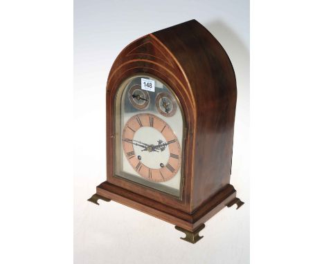 Edwardian mahogany W &amp; H inlaid arched top mantel clock, 39cm.