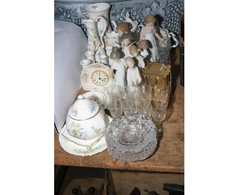 Four Lladro and three Nao figurines, Aynsley Wild Tudor, carriage clock, glass, etc.