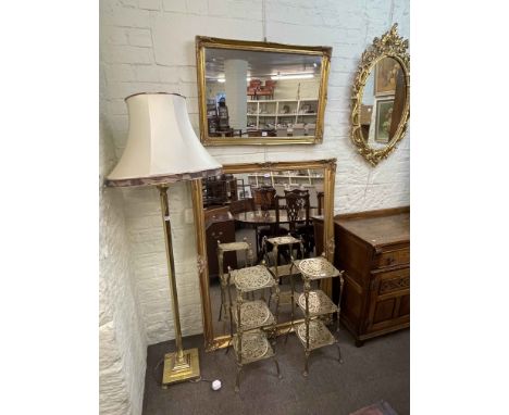 Pair of three tier brass stands, brass standard lamp and shade and three various gilt framed wall mirrors (6).