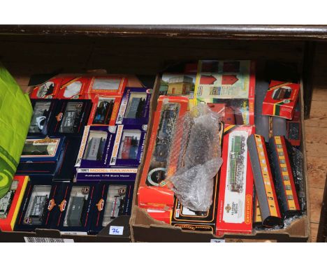 Collection of Hornby model railway engines and rolling stock, along with Bachmann rolling stock and accessories.