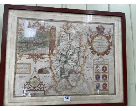 John Speede, early map print 'The Countie of Nottingham' with text verso, 38cm by 51cm, in glazed frame.