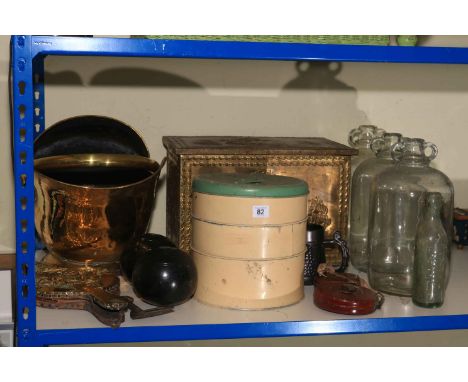 Brass coal scuttle, magazine box, vintage glass bottles, bowls, lamp, etc.