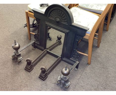 Cast iron overmantel mirror and two pairs of andirons (5).