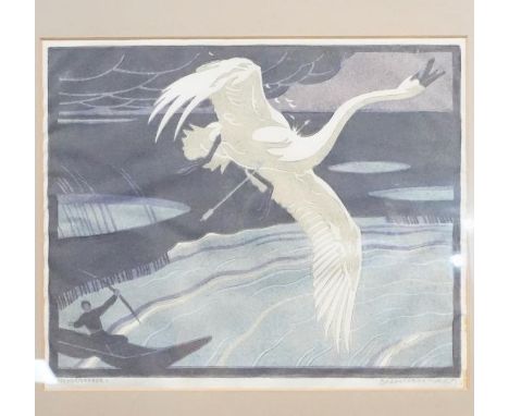 Norbertine von Bresslern-Roth (1891 - 1978) A framed and glazed signed woodblock print of a swan being hunted with bow and ar