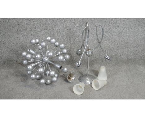 Two sculptural chrome ceiling lights. A 1980's sputnik chandelier light with eight lights and removable pieces along with a t