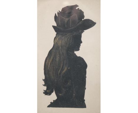 A mother of pearl mosaic framed and glazed 19th century miniature silhouette portrait of a young lady in a hat with long hair