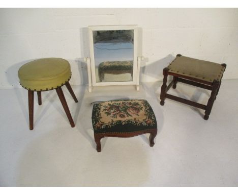 A collection of three vintage stools along with a vanity mirror