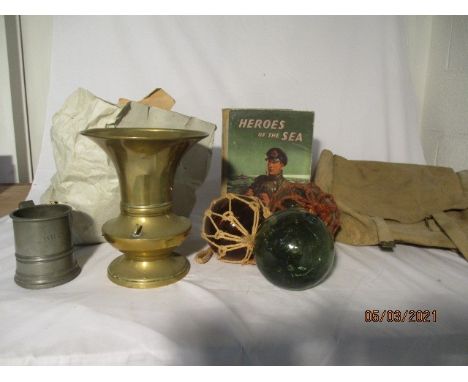 A brass vase, a collection of vintage beer mats, glass floats, a brass vase, a 1940s Heroes of the Sea book, a tankard inscri