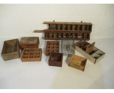 A selection of vintage wooden crates, shelving, boxes etc