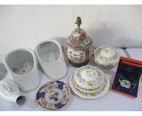 An oriental style lamp, along with two slipper bed pans, Imari plate, Royal Doulton dishes etc