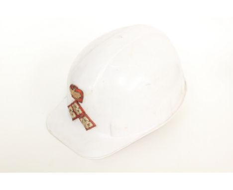 British Army Officers white plastic "Hard hat" safety helmet made by Safety Service Co Ltd. Has red backed worsted cloth Quee