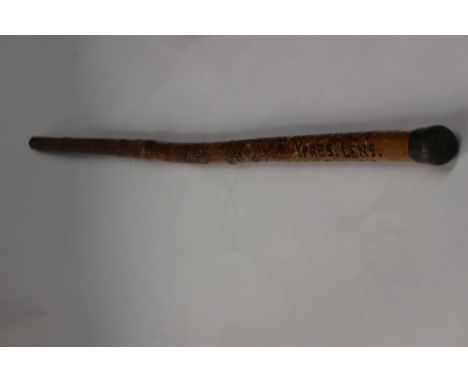 WW1 British Trench Art Wooden Walking Stick. 83cm in length. Deep carved decoration overall, with carved RAMC badge, stylised