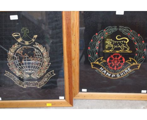 WW1 British Framed Sweetheart Embroideries. Both done in coloured thread on a black silk background. One for Royal Marines Li