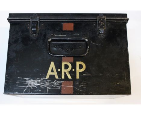 WW2 British ARP tin.Black with Red stripe and white lettering. Maker marked "HBS 1939" to under side. Approx 28cm wide x 19cm