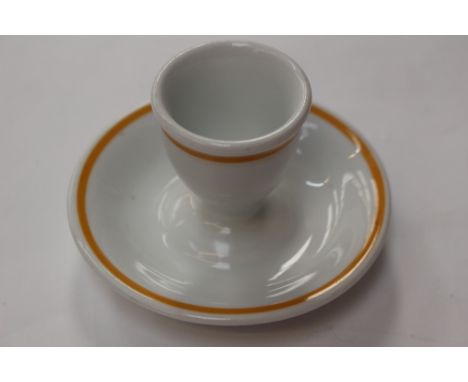 WW2 Third Reich Luftwaffe Ceramic Mess Hall Egg Cup. White with light brown border. Large Luftwaffe Eagle to underside with "