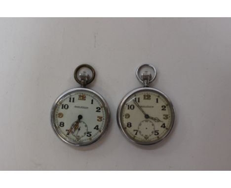WW2 British Army GSTP marked pocket watches. Swiss made by Jaeger Le Coultre. Pair. Both GSTP and Broad Arrow marked with ser