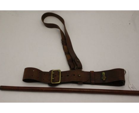 WW2 British Officers Sam Brown leather belt and cross strap and Officers leather covered swagger stick. Original owner was Ca