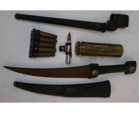 WW2 British No.4 Mark II Spike Bayonet and scabbard. Maker marked N67. Plus an empty 30mm cannon cartridge case (RG83) a 7.62