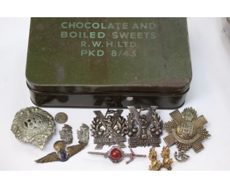 WW2 British large size Chocolate and Boiled Sweets ration tin. RWH Ltd. Packaging date 8/43. Along with a selection of Britis